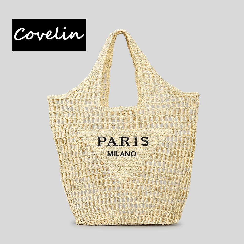 Covelin Women's Handwoven Straw Tote Bag – Lightweight, Large Capacity Boho Beach Bag Khaki